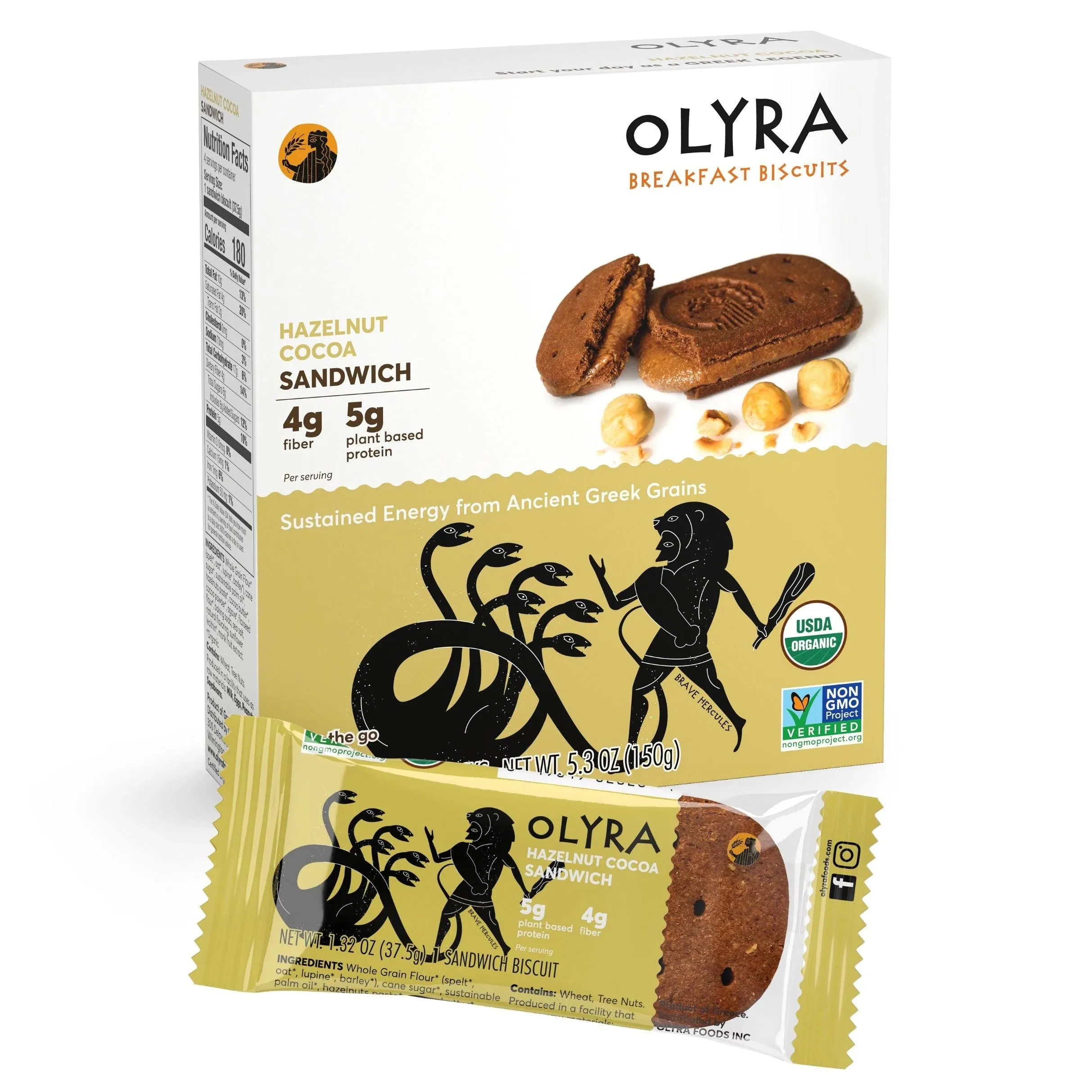 Olyra Hazelnut Cocoa Sandwich Breakfast Biscuits, Healthy Snacks for Kids and Adults, Low Sugar, High Fiber, Vegan Organic Cookies, with Ancient Greek Grains, USDA Certified Organic, Non GMO, 24 Packs