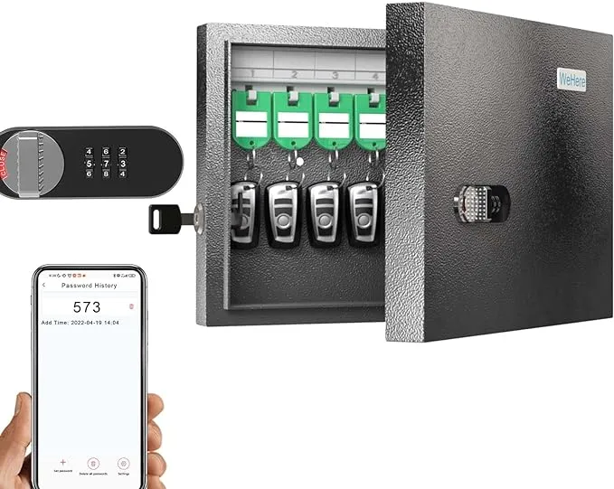 WeHere Key Lock Box Wall Mount(16 Keys), Key Cabinet with Combination Lock & 16 Key Tags, Key Safe Storage Lockbox,Key Manage Mini ERP Great for Valets, Hotels and House, APP Password Record