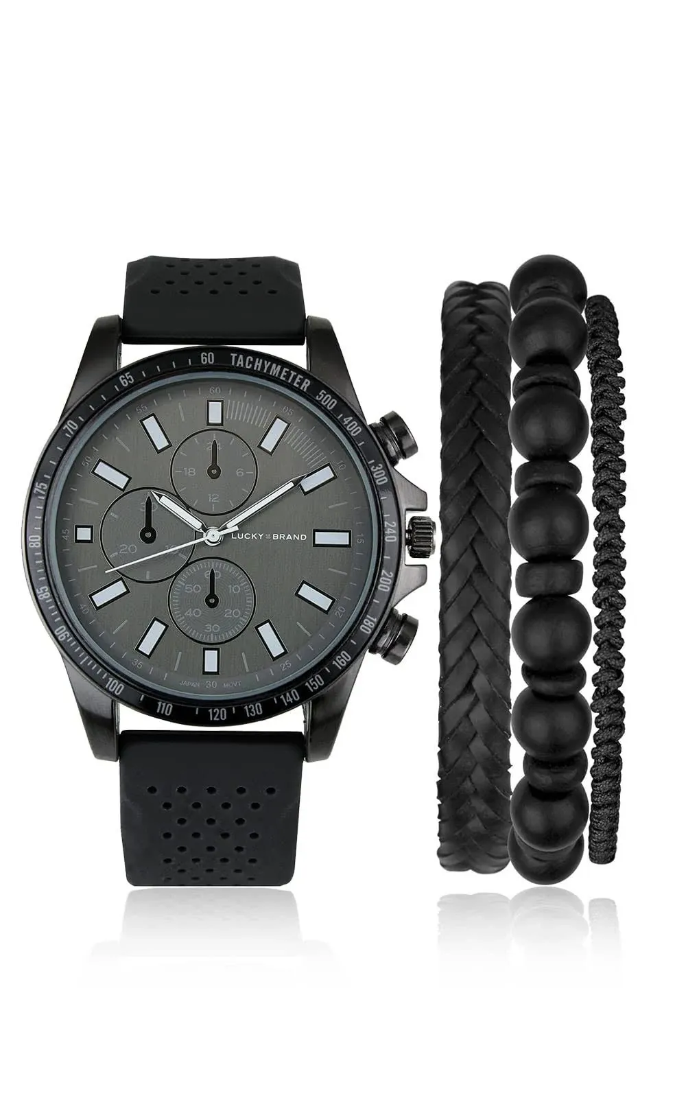 Lucky Brand Watch for Men Perforated Silicon Band Stainless Steel Japan Movement Sport Men's Wrist Watches Decorative Sub Dials Bracelet Gift Box Set (Black)