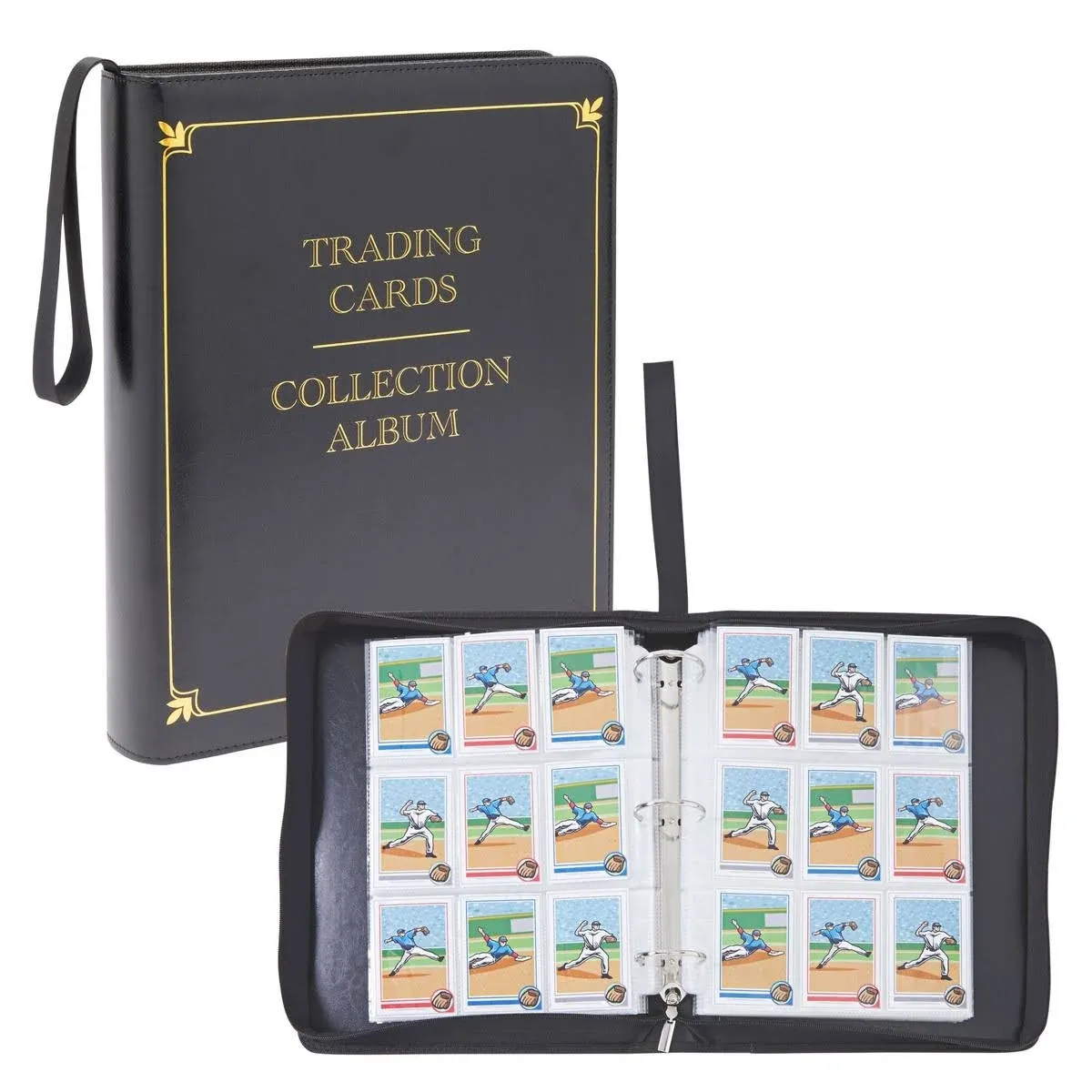 9 Pocket Leather 3 Ring Trading Card Binder for Baseball, Gaming, and Sports Cards, 50 Pages, Hold 900 Cards (14 x 11 in)