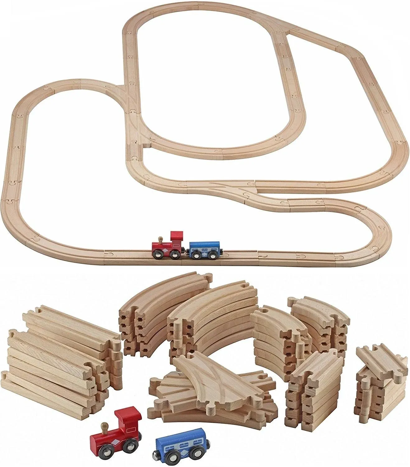 Play22 Wooden Train Tracks - 52 PCS Wooden Train Set + 2 Bonus Toy Trains - T...