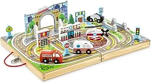 Melissa & Doug 18-Piece Wooden Take-Along Tabletop Town, 4 Rescue Vehicles, Play Pieces, Bridge