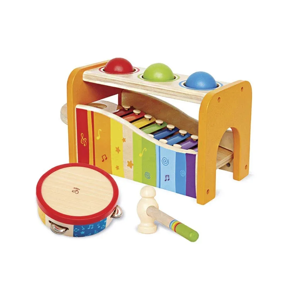 Hape Pound Tap & Shake Music Set  Wooden Pounding Bench Xylophone and Tambourine  | eBay