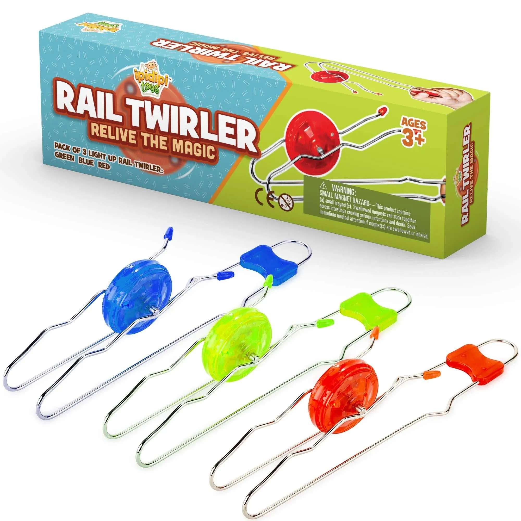 Retro Magic Rail Twirler - 3 Pack - Light Up Magnetic Stocking Stuffers for Kids - Sensory Toy with Spinning Wheel and Flashing LEDs | Rail Twister Vintage Fidget Toy for Adults & Children | 3 Colors