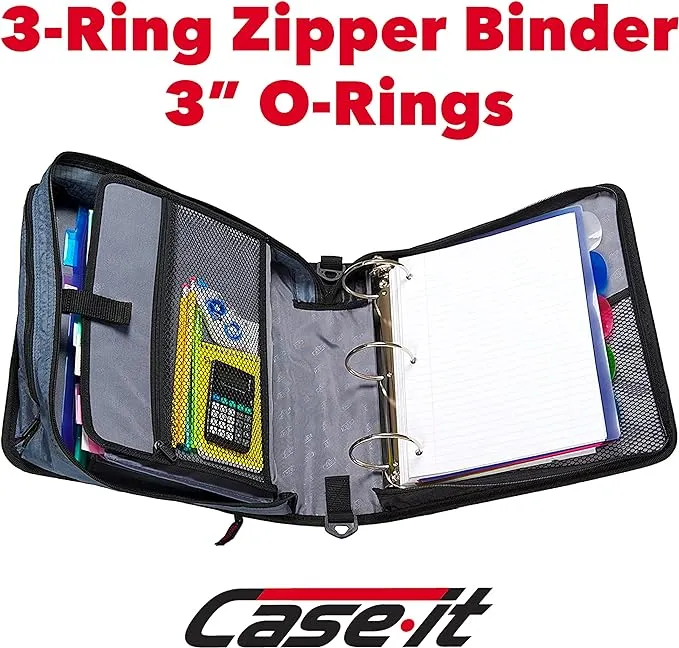 Case-it The Mighty Zip Tab Zipper Binder - 3 Inch O-Rings - 5 Color Tab Expanding File Folder - Multiple Pockets - 600 Sheet Capacity - Comes with Shoulder Strap - Jet Black D-146