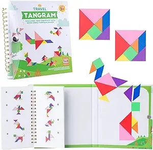 Vanmor Travel Tangram Puzzle with 2 Sets Magnetic Plate-Montessori Shape Pattern Blocks Jigsaw Road Trip Games with 368 Solution - IQ Book Educational Toy Brain Teaser Gift for Kids Adults Challenge