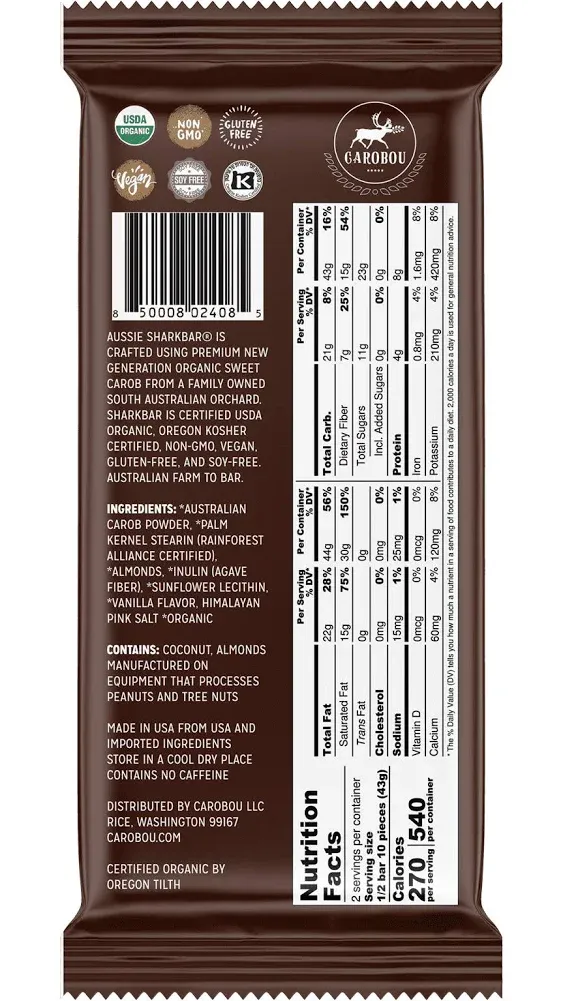 Aussie SharkBar Unsweetened Almonds Carob Chocolate Bar