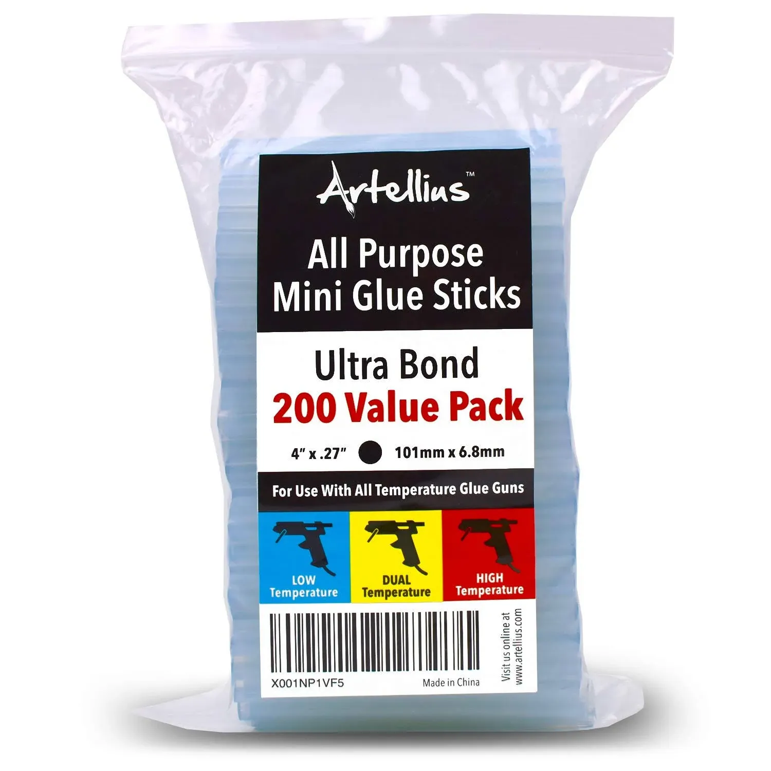 Artellius Mini Hot Glue Sticks (Huge Bulk Pack of 200) 4" and 0.27 Diameter - Compatible with Most Glue Guns