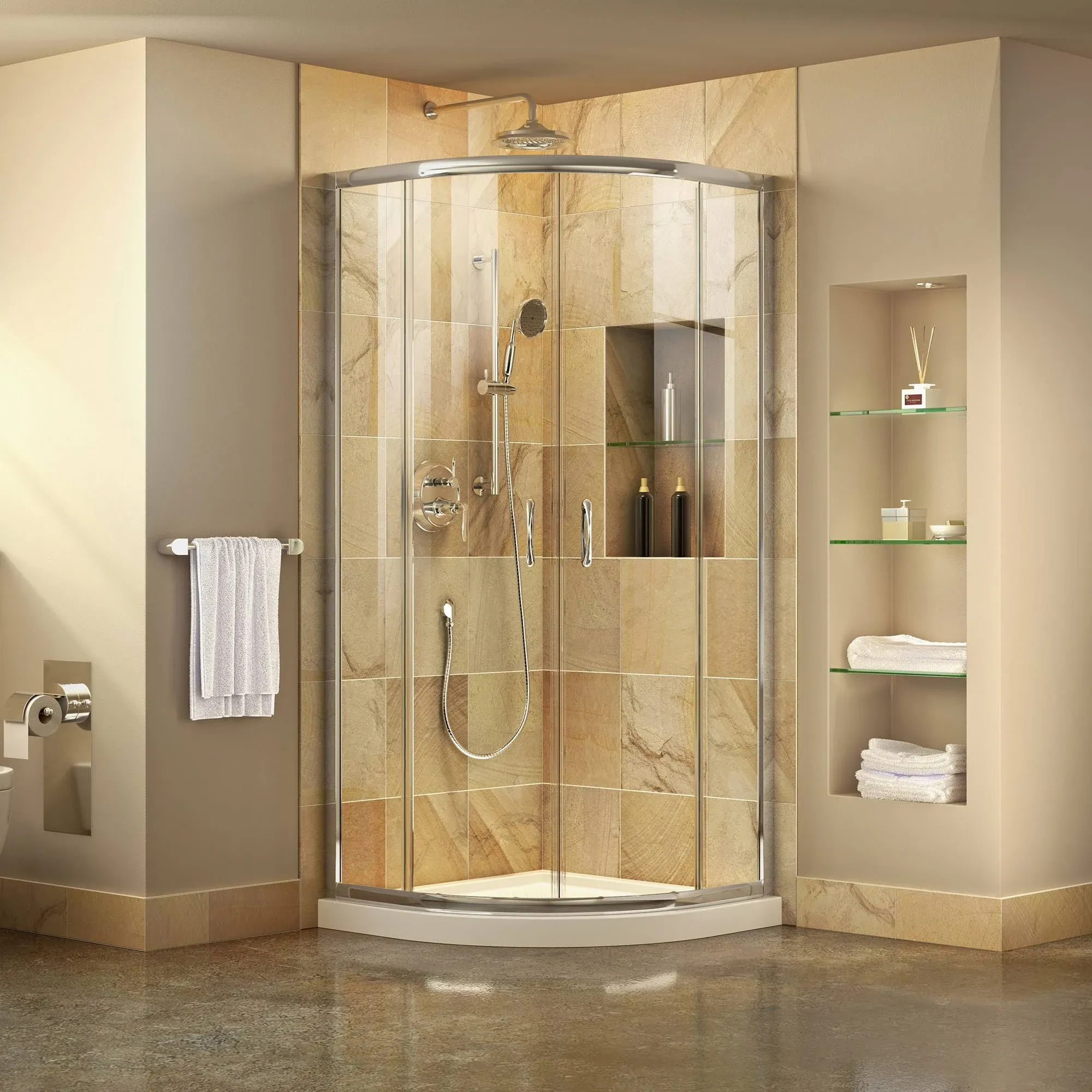 Prime 33 in. x 33 in. x 74.75 in. H Corner Semi-Frameless Sliding Shower Enclosure in Chrome with Shower Base in White