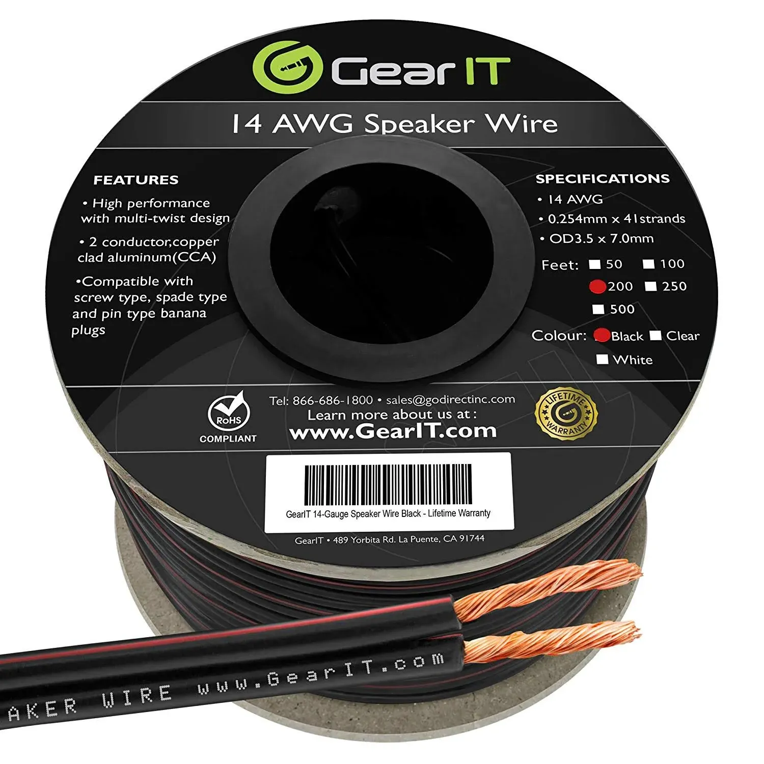 14AWG Speaker Wire, GearIT Pro Series 14 AWG Gauge Speaker Wire Cable (200 Feet / 60.9 meters) Great Use for Home Theater Speakers