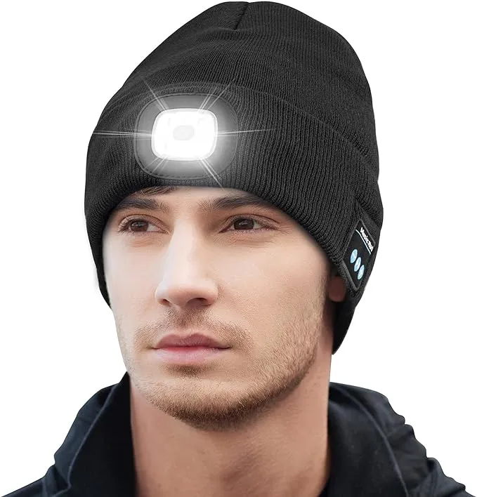 Keains Bluetooth Beanie with Light, Musical Knit Hat with Headphones and Built-in Speaker Mic, Gifts for Men Women Dad