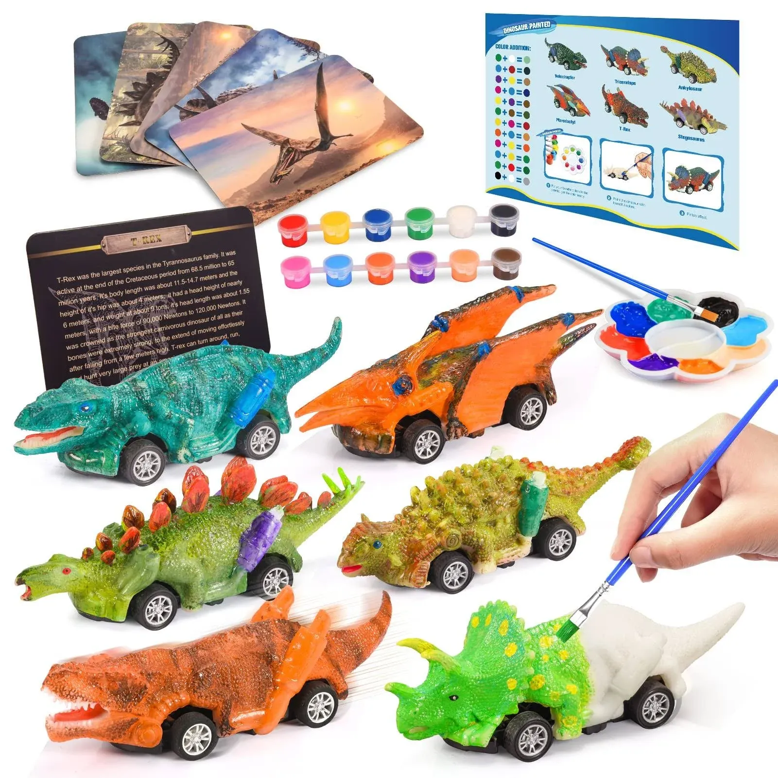 faentwc Dinosaur Toys for Kids 3-12 Year Old 2 in 1 Dinosaurs Painting Kits and Pull Back Cars Toy for Boys 5-7 Arts and Crafts