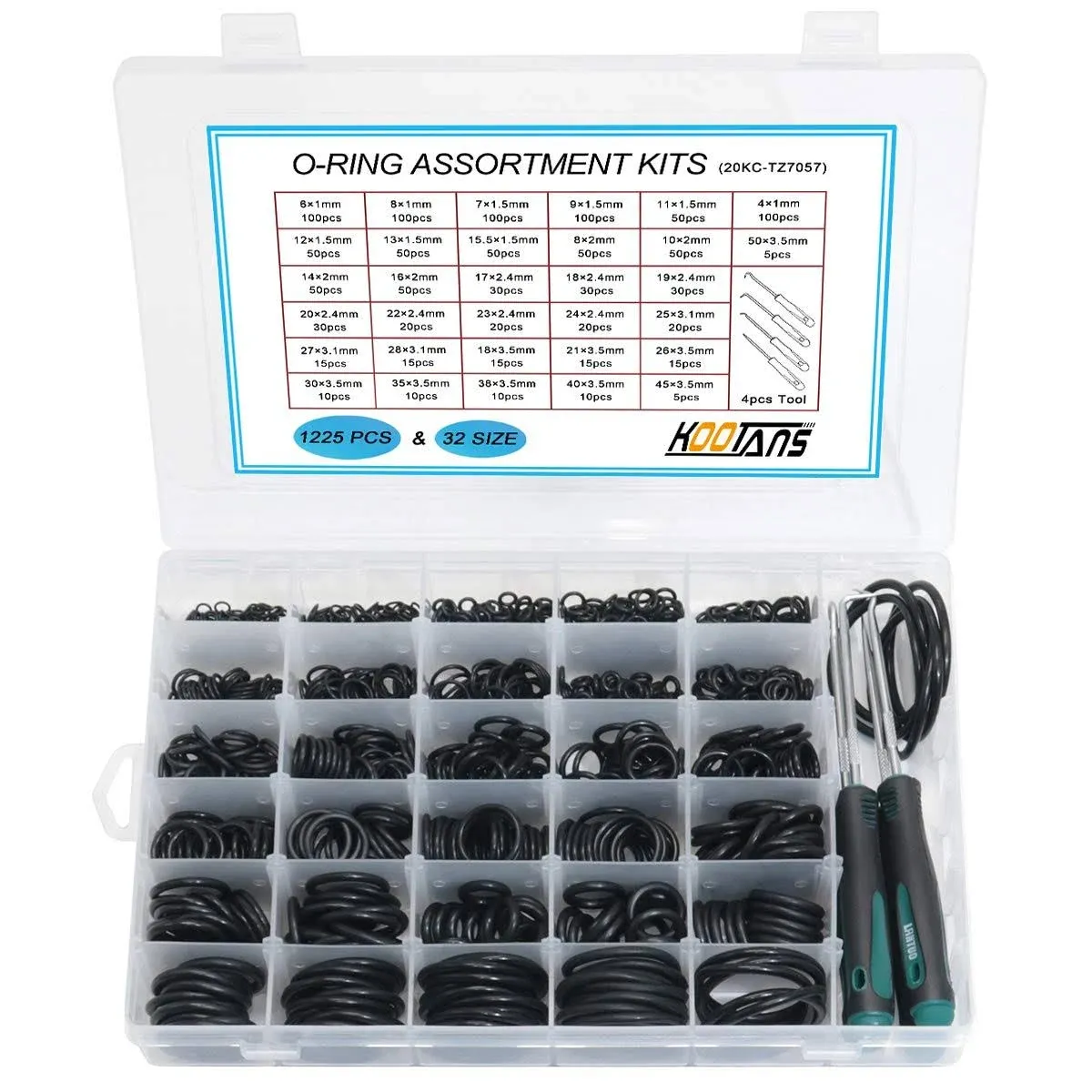 KOOTANS 32Size 1225pcs Metric Nitrile Rubber O Rings Assortment Kit + 4pcs