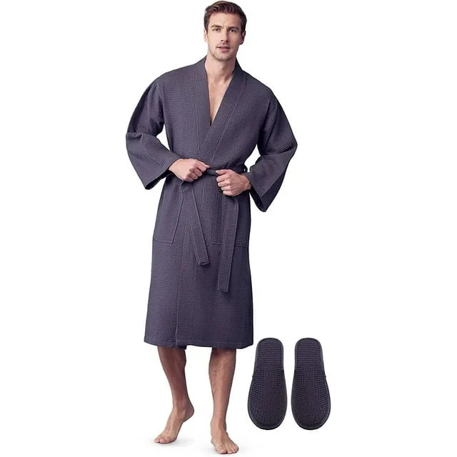 LOTUS LINEN Waffle Robes for Men - Lightweight Cotton Spa Bathrobe - Men's Robes