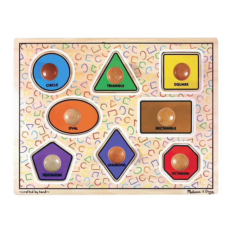 Melissa & Doug Deluxe Jumbo Knob Wooden Puzzle - Geometric Shapes (8 pcs) - Wooden Peg Chunky Baby Puzzle, Preschool Learning Puzzle, Wooden Puzzle Board For Toddlers Ages 1+