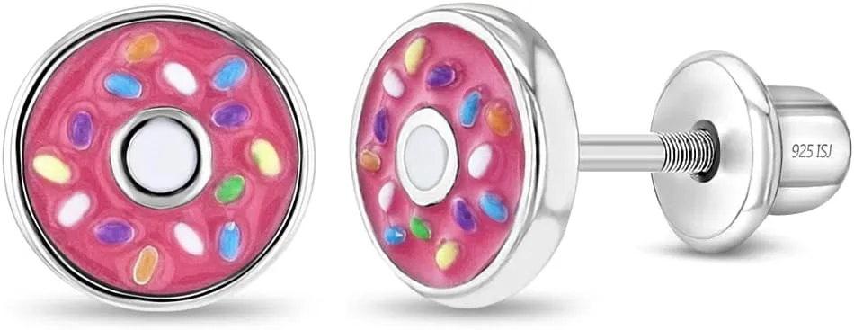 925 Sterling Silver Fun Enamel Donut Earrings with Tiny Colorful Sprinkles for Little Girls - Colorful Screw Back Earrings for Kids - Multi-color Safety Stud Earrings Fun Gift for Children