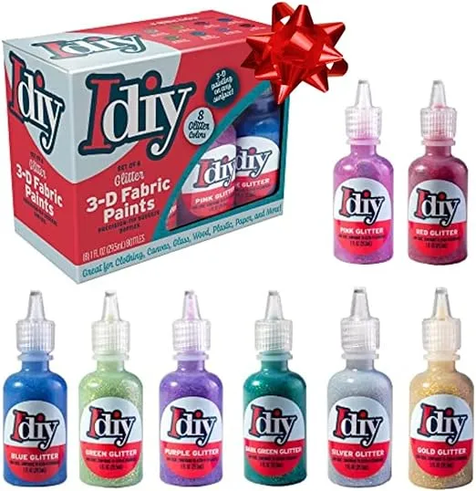 DIY Fabric Paints (8 GLITTER Colors)- 1oz bottles- Ultra Bright 3D Fabric T Shirt Clothing Soft Paint, Non-Toxic Water-Based, Washable, Permanent, Classroom, Kids Birthday Party