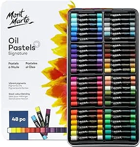 Mont Marte Oil Pastels in Tin Box Signature 48pc, 48 Assorted Colors, Vibrant Oil Pastel Set, Great Blending and Layering, Comes in Storage Case, Ideal for Art, Craft, Coloring and Sketching