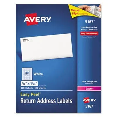 Avery Address Labels with Sure Feed for Laser Printers, 0.5" x 1.75", 8,000 Labels, Permanent Adhesive (5167)Avery Address Labels with Sure Feed for Laser Printers, 0.5" x 1.75", 8,000 Labels, Permanent Adhesive (5167)