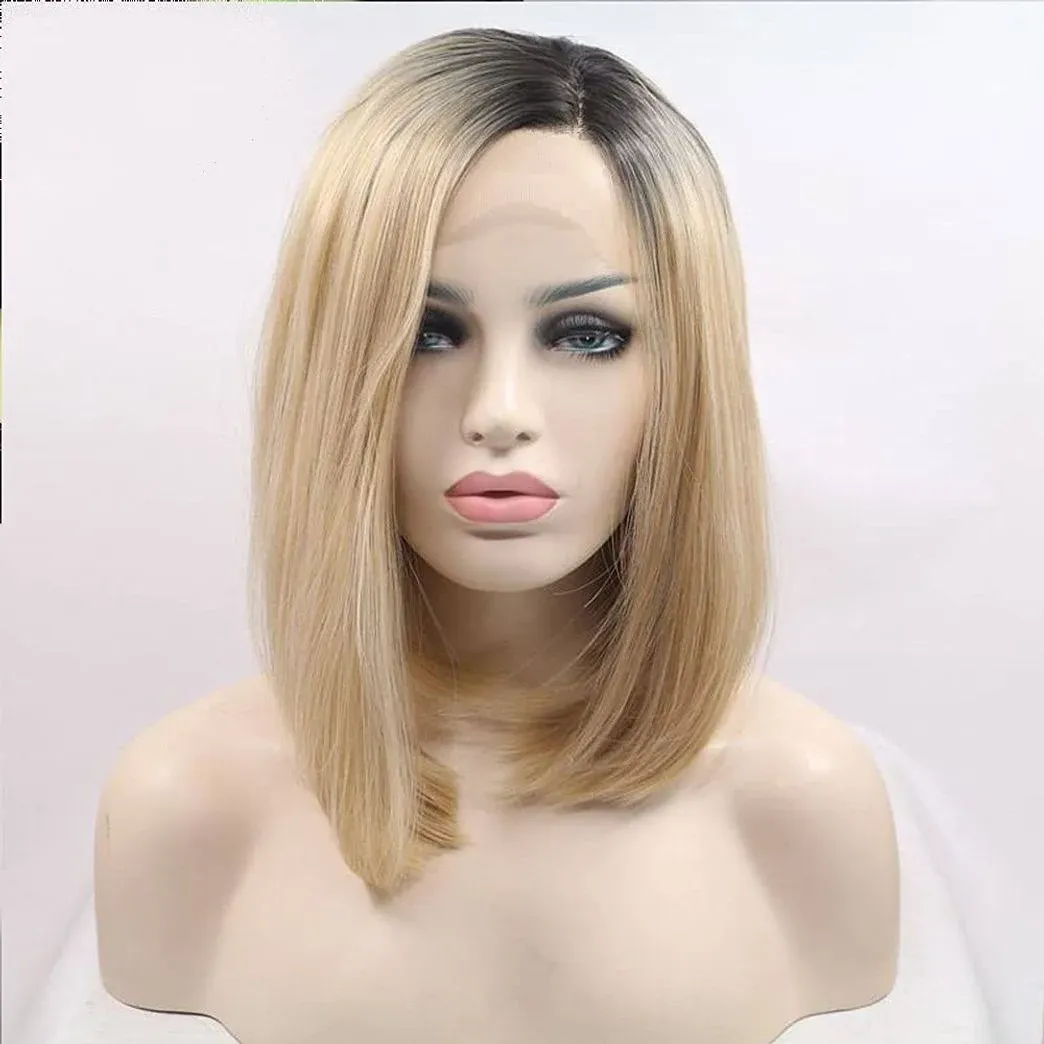 Xiweiya Short Bob Wig Ombre Blonde Heat Resistant Synthetic Lace Front