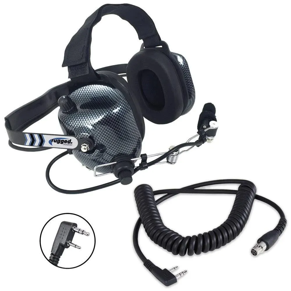 Rugged Radios Carbon Fiber Behind The Head Headset and Adaptor Cable for Intercoms – Features 5-Pin to Off Road Coil Cord and Volume Control Knob