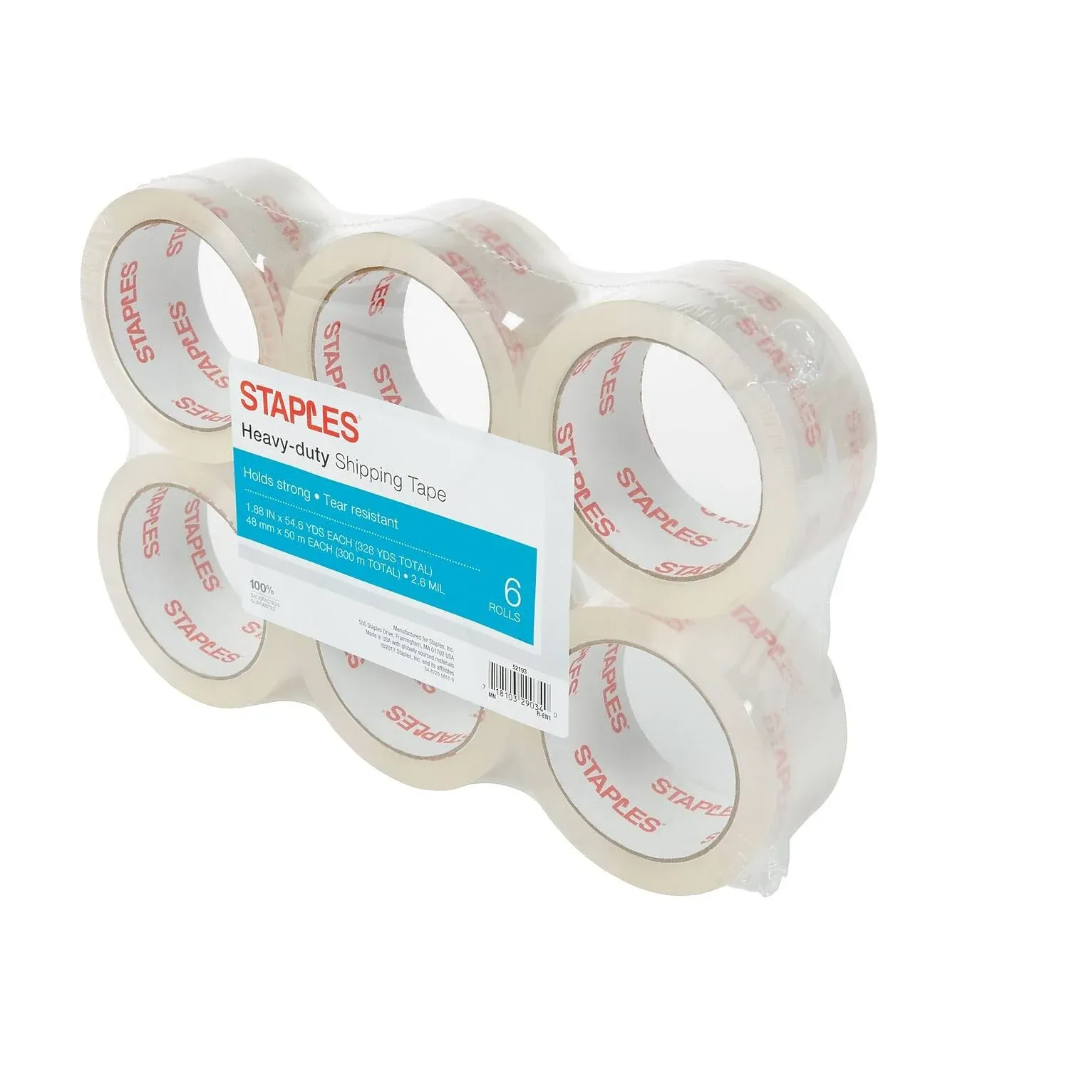 Staples Heavy Duty Shipping Tape, 6 Rolls, 1.88" x 54.6 yds, Clear (52193)