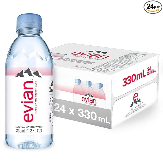 evian Natural Spring Water 330 mL/11.2 Fl Oz (Pack of 24) Mini-Bottles, Naturally Filtered Spring Water Small Water Bottles