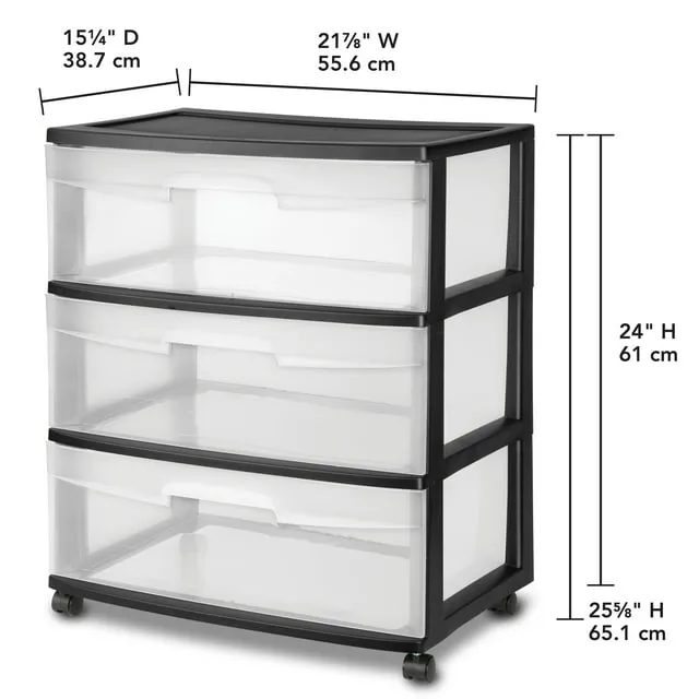 Sterilite 3 Drawer Wide Cart, Black