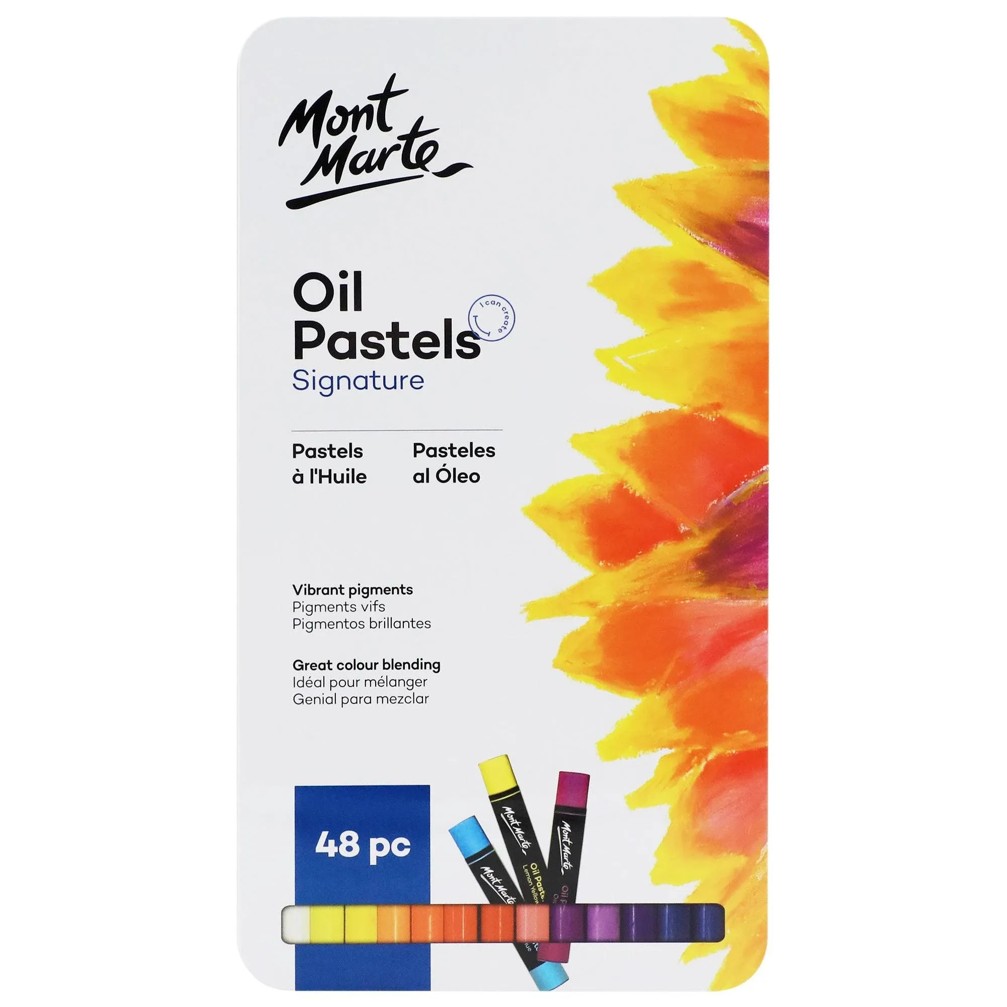 Mont Marte Oil Pastels in Tin Box Signature 48pc 48 Assorted Colors Vibrant Oil Pastel Set Great Blending and Layering Comes in Storage Case IDE