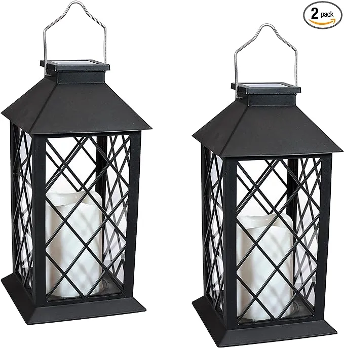 Sunnydaze Concord 11-Inch Solar LED Decorative Candle Lantern - Tabletop/Hanging Light - Set of 2 - Black