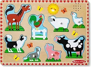 Melissa & Doug Farm Animals Sound Puzzle - Wooden Peg Puzzle With Sound Effects (8 pcs)