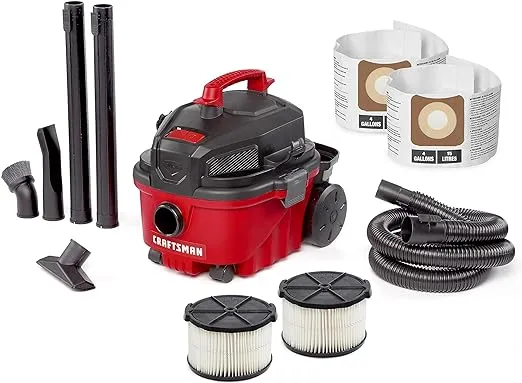 CRAFTSMAN CMXEVBE17040 4 Gallon 5.0 Peak HP Wet Dry Vac, Portable Shop Vacuum Wet and Dry with 2 Filters, Dust Bags, Hose and Attachments for Home and Automotive Cleaning