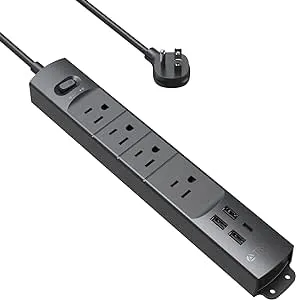 TROND Surge Protector Power Strip with USB, Ultra Thin Flat Plug 3ft Extension Cord 1625W, 3 USB A & 1 Type C, 4 AC Outlets 1440J Surge Protection, ETL Listed, Wall Mount for Home Office Dorm, Black