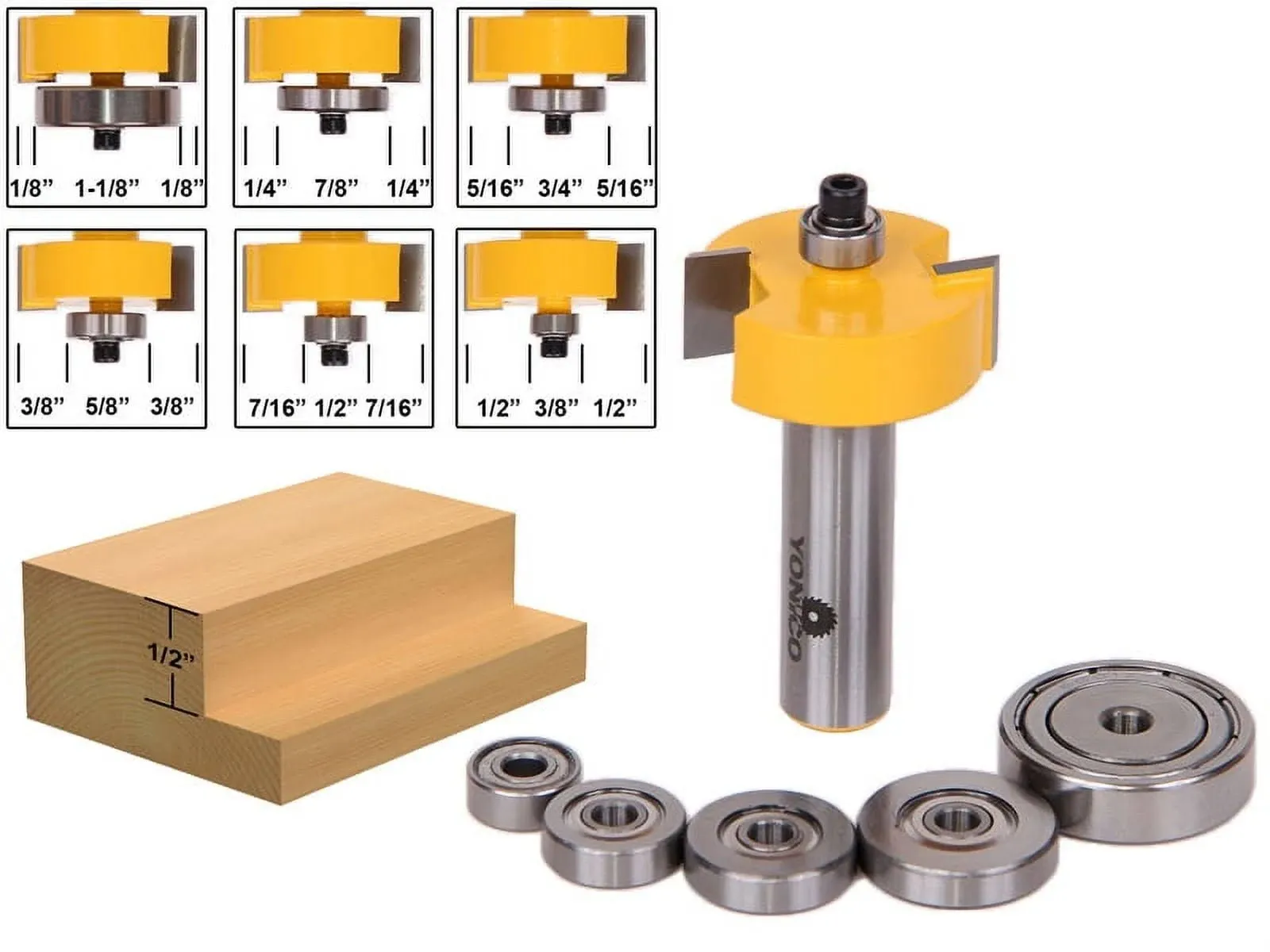 Yonico 14705 Rabbet Router Bit with 6 Bearings Set 1/2-Inch Shank