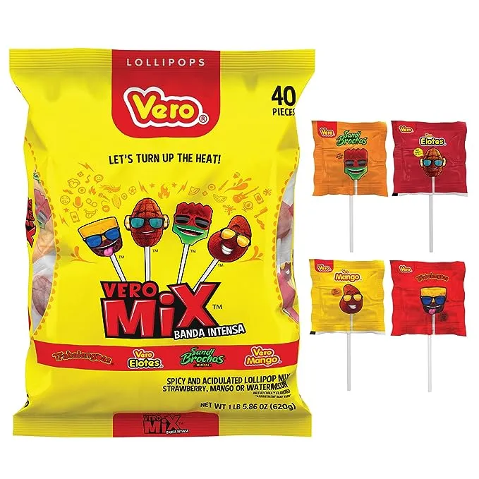 Vero Banda Fuego Mix Assorted Chili Lollipops, Artificially Flavored, Net Wt. 21.86 Ounces, 40 Count Bag