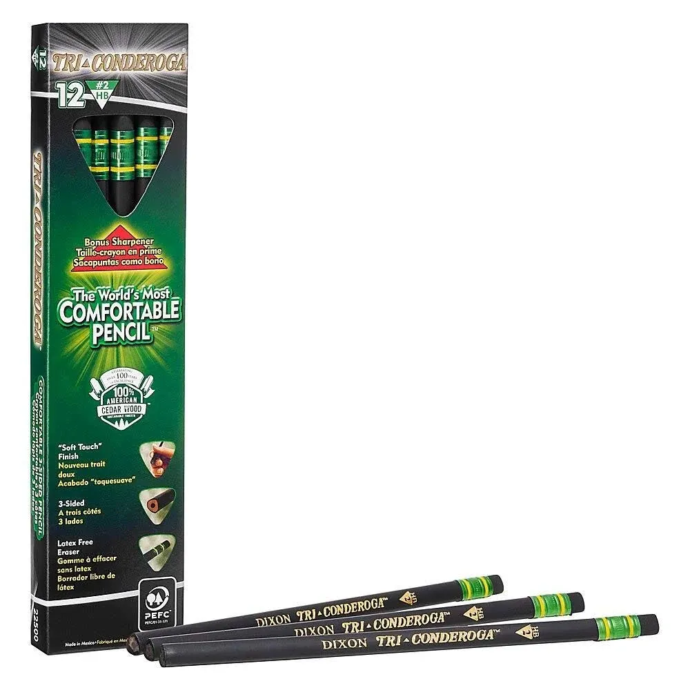 Tri-Conderoga Triangular Pencils, Wood-Cased #2, Sharpener, Soft Touch Comfort Barrel, Black, 12-Pack (22500)