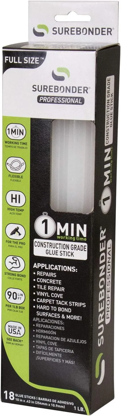 Surebonder .41 in. D X 10 in. L 1 Minute 1 Minute Construction Grade Glue Sticks Clear 18 pk