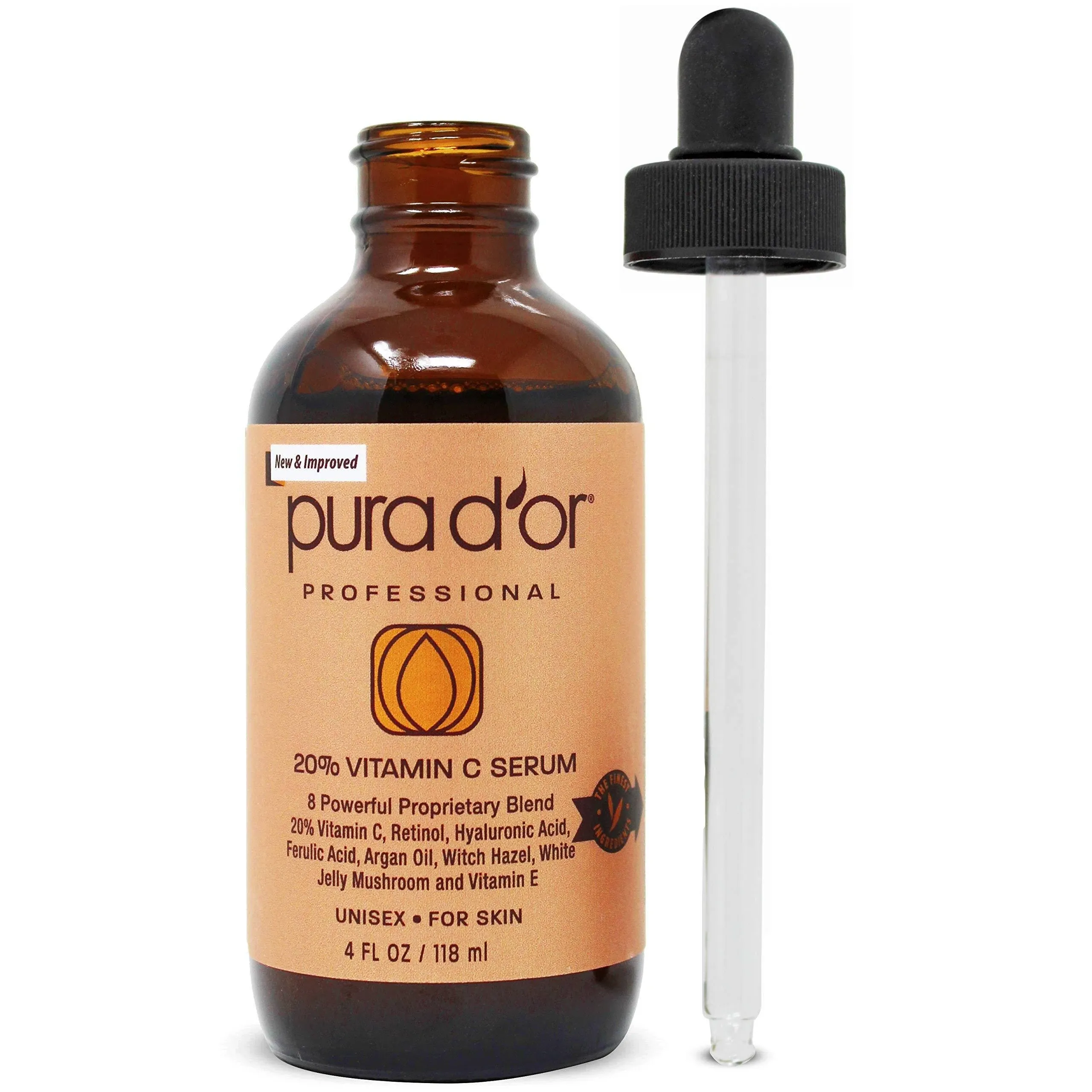 PURA D'OR 20% Vitamin C Serum (4oz BEST VALUE) Lightweight Maximum Strength Formula,Hyaluronic Acid,Retinol,Professional Grade Treatment For Face & Eyes,Dark Spots,Acne,Wrinkles,For Men & Women