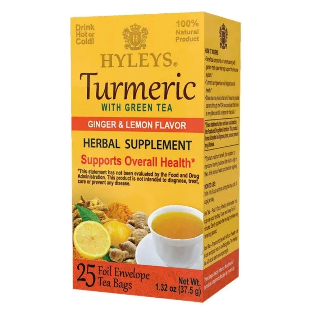 Hyleys Turmeric with Green Tea Ginger & Lemon Flavor - Natural Antioxidant Blend - 25 Tea Bags