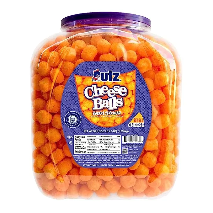 Utz Cheese Balls Barrel, Tasty Snack Baked with Real Cheddar Cheese, Delightfully Poppable Party Snack, Gluten, Cholesterol and Trans-Fat Free, Kosher Certified, 36.5 OzUtz Cheese Balls Barrel, Tasty Snack Baked with Real Cheddar Cheese, Delightfully Pop