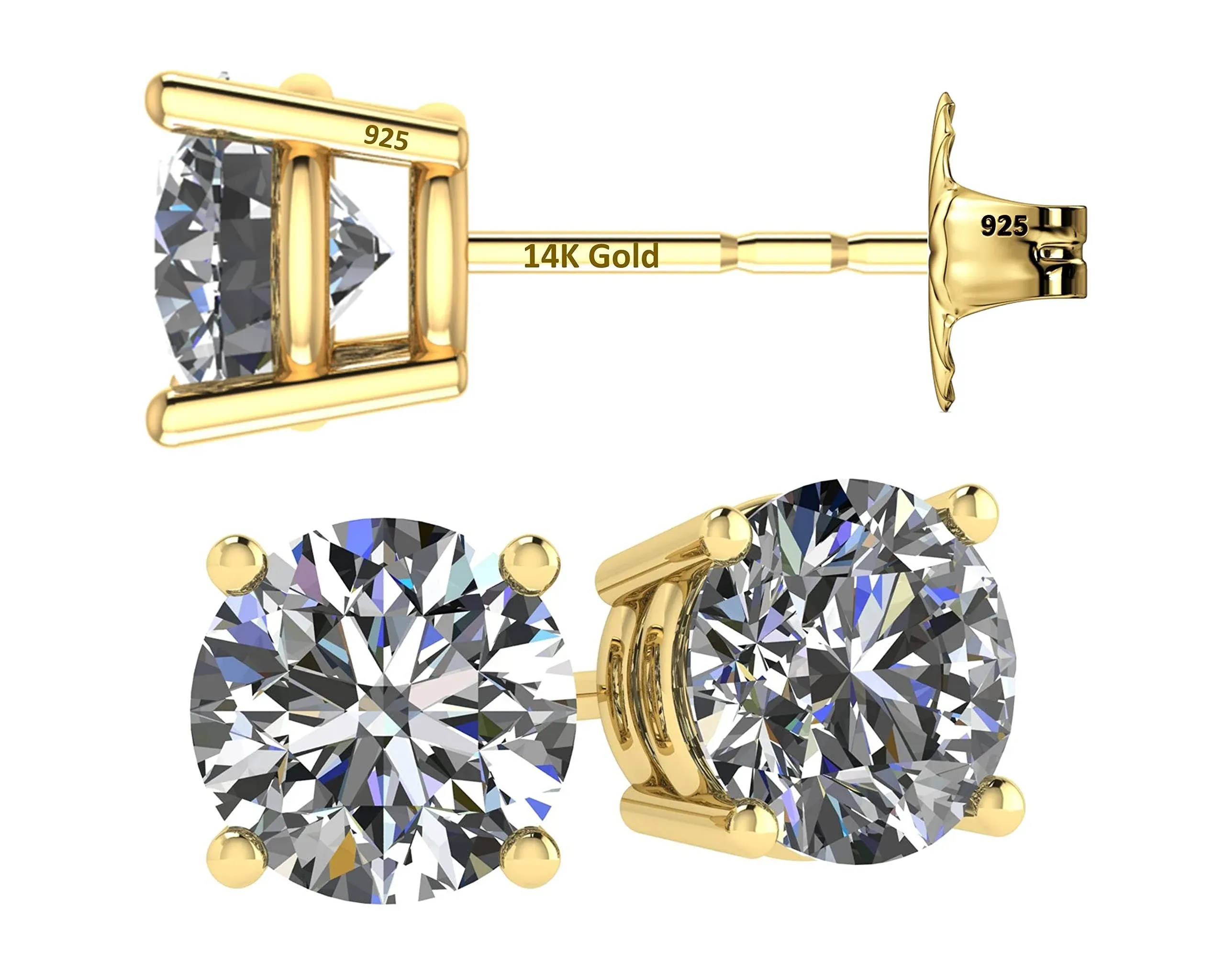 14K Solid Gold Post & Silver Simulated Diamond Stud Earrings-cubic zirconia earrings studs .30ct to 8.00ct