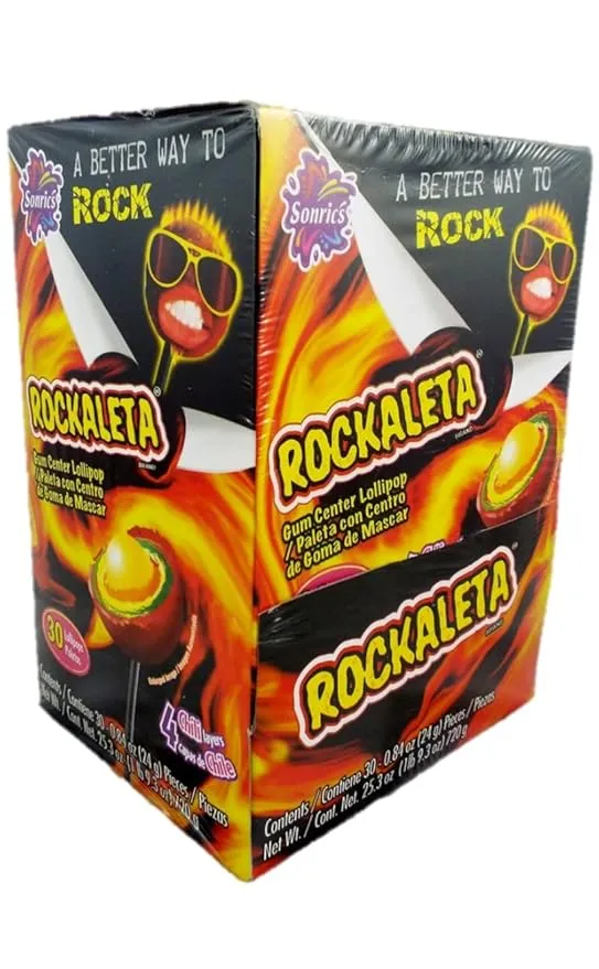 Sonrics Rockaleta Lollipop Chili Layered with Gum Center -,1.9 Pounds 30 Ct. Case