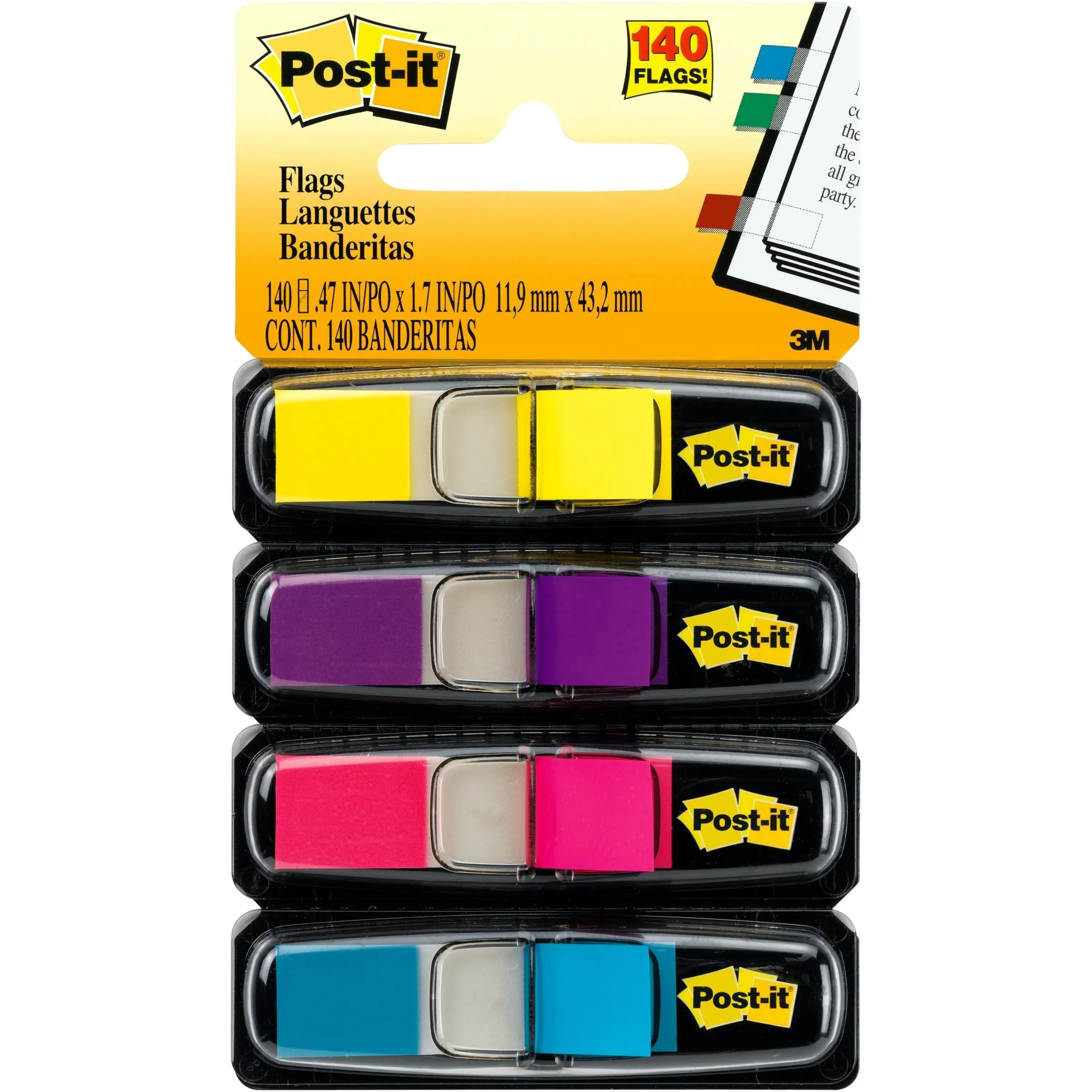 Post-it&reg; Flags, 1/2" Wide, Assorted Bright Colors, 140/Pack