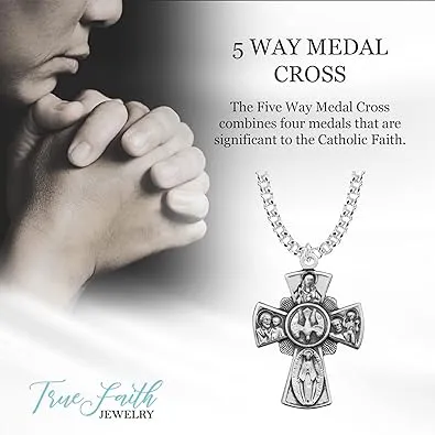 TrueFaithJewelry Sterling Silver 5 Way Medal Cross Medal Pendant Necklace Religious Jewelry