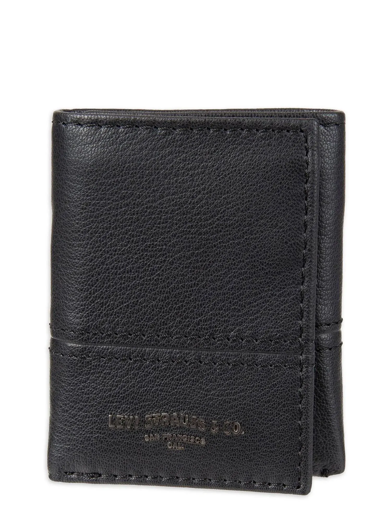 LEVI&#039;S Men Trifold Zipper RFID Protection Black Leather Wallet