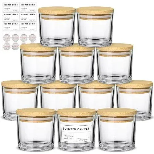 SUPMIND 4oz Candle Jars 12 Pack- Small Clear Empty Glass Candle Jars with Bamboo Lids, Stickers and Labels, Bulk Candle Jars for Making Candles