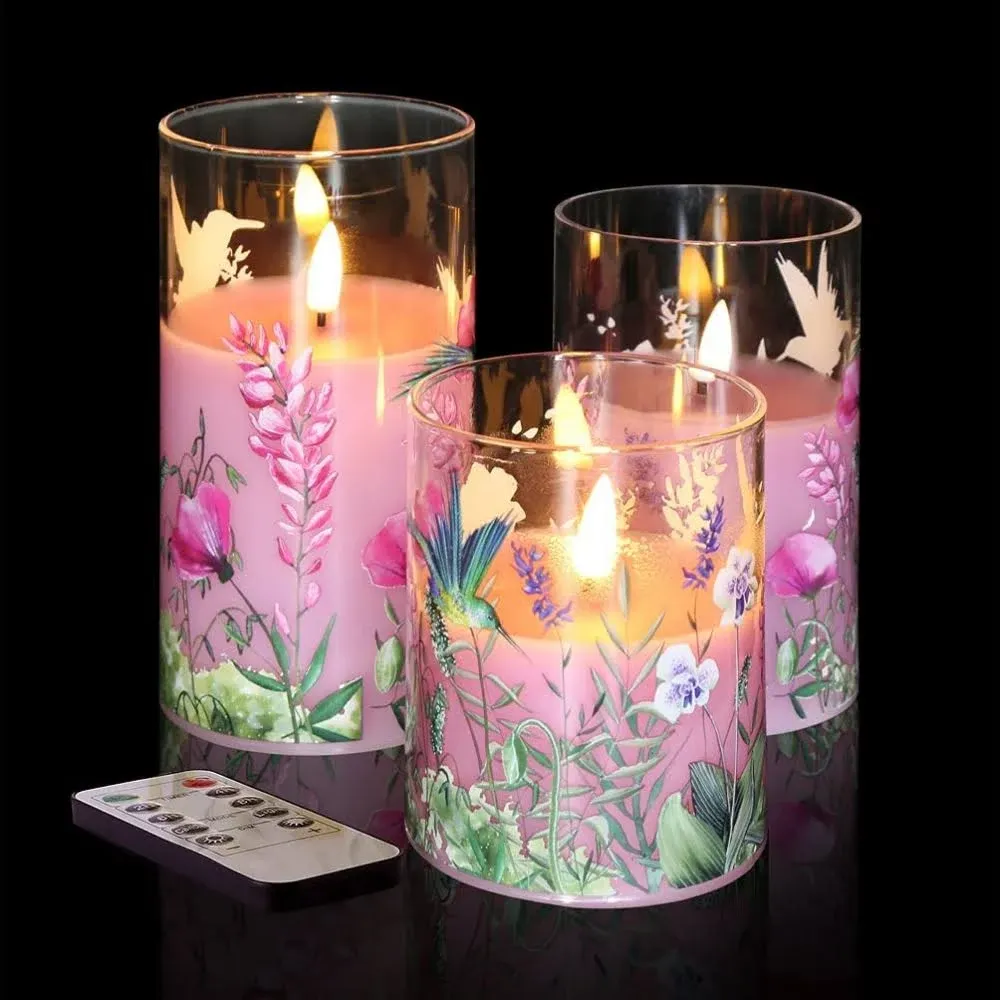 Pink Hummingbird Glass LED Candles with Remote, Flickering Flameless Candles Battery Operated Φ 3" H 4" 5" 6"