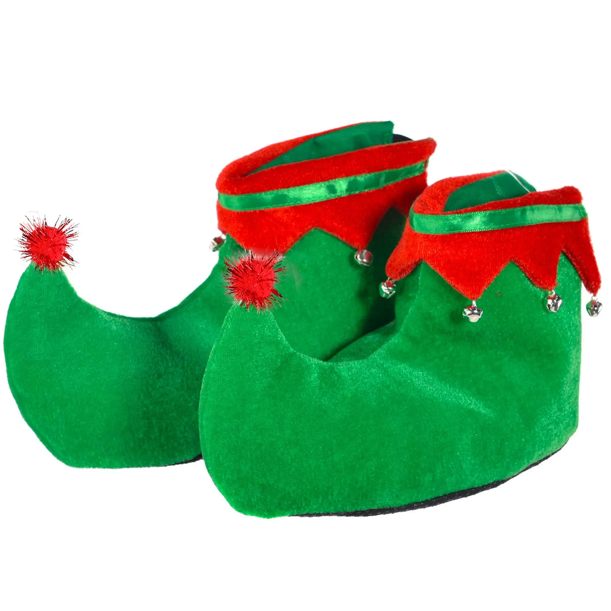 Skeleteen Red Green Elf Shoes Red and Kids Green Velvet Holiday Elf Feet Slippers with Jingle Bells for Adults and