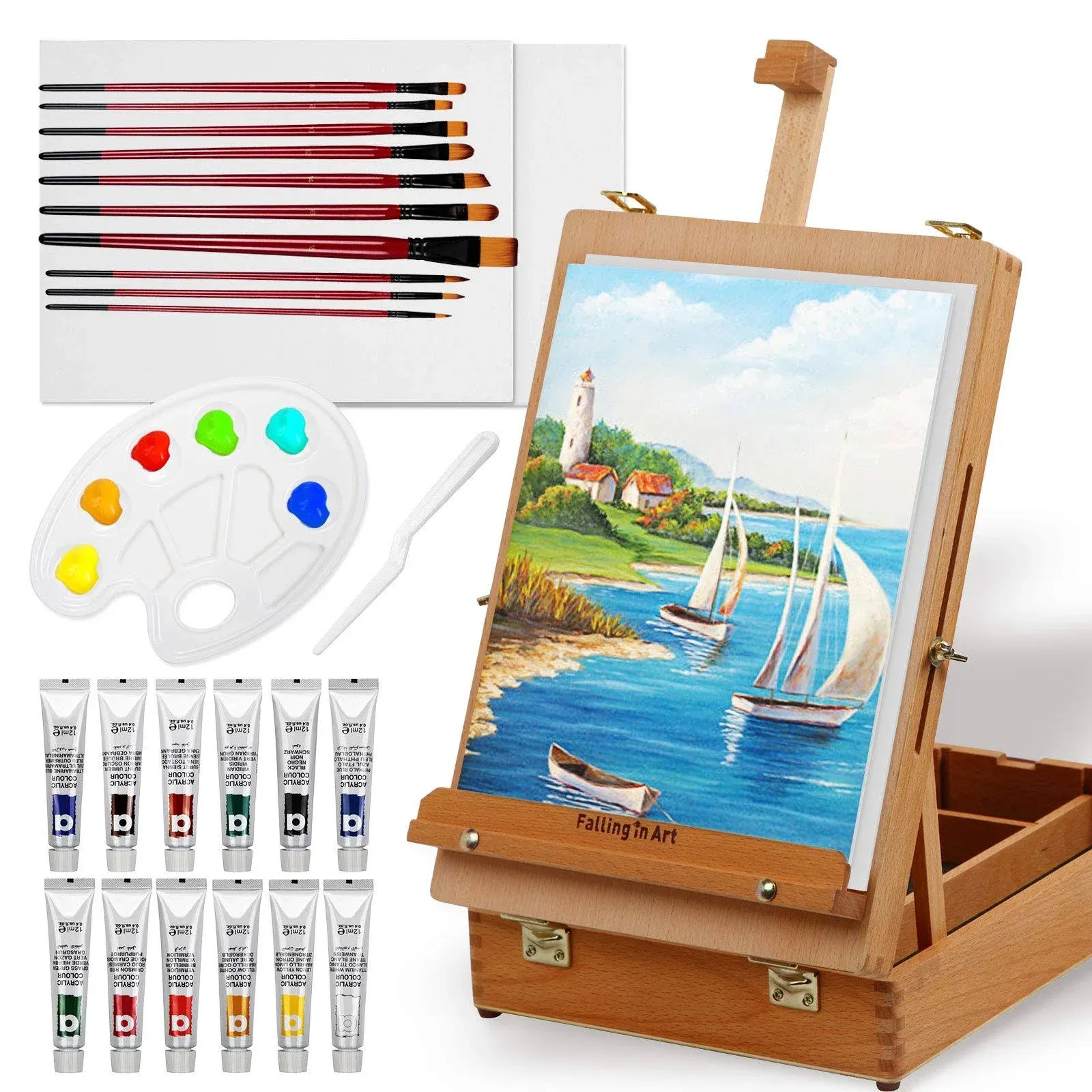 Falling in Art Easel Box Acrylic Paint Set with Portable Table Display