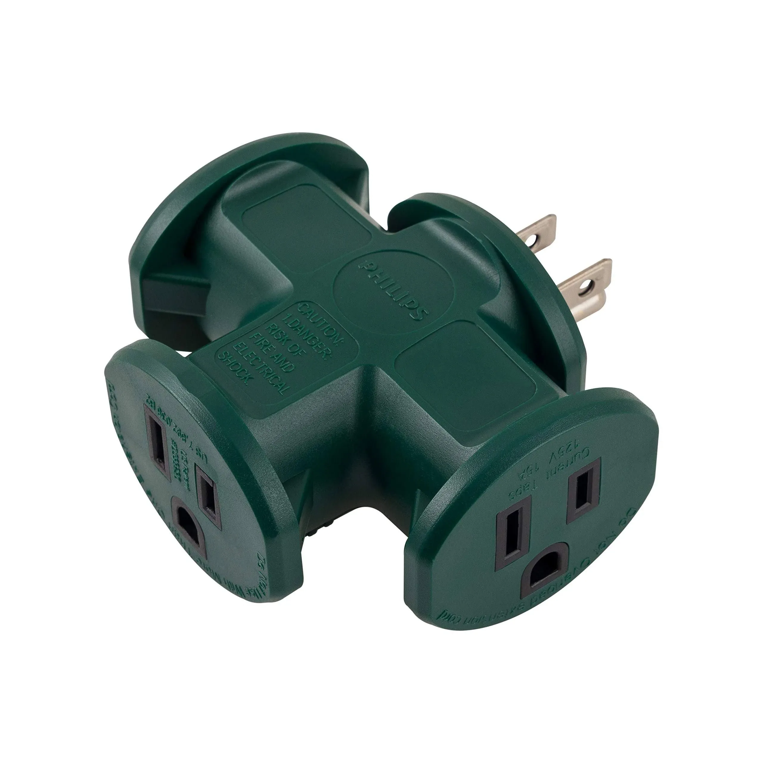 Philips Accessories T-Shaped 3-Outlet Extender, 3-Prong Power Extender, Outdoor Grounded Wall Tap Adapter, Heavy Duty, for Inside or Outside, UL Listed, Green, SPS1630G/37, 1 Pack